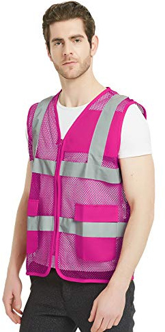GOGO Unisex US Big Mesh Freiwillige Weste Reißverschluss Sicherheitsweste vorne mit reflektierenden Streifen und Taschen-Hot Pink-US XL