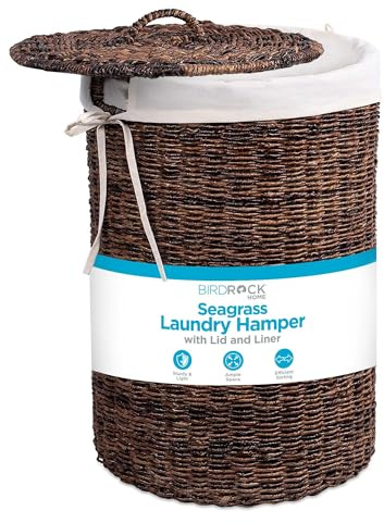 BIRDROCK HOME Seagrass Laundry Hamper with Lid & Liner - Handwoven Round Basket with Handles for Laundry/Dirty Clothes - Organizer, Storage, Shelves, Bin in Bathroom, Bedroom & Laundry Room - Espresso