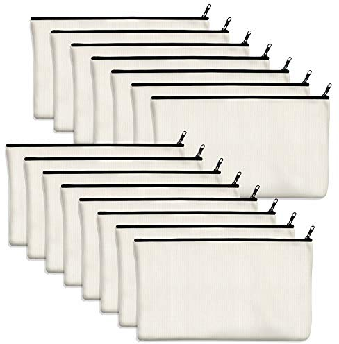 15 Pack Blank Cotton Canvas DIY Craft Zipper Bags Pouches Pencil Case for Makeup Cosmetic Toiletry Stationary Storage (Off White, 8.3” x 4.7”)