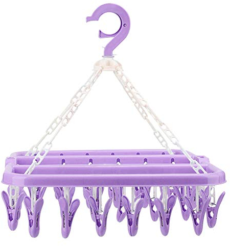 Percha de Calcetines, Secador de Ropa Interior Plegable Percha de Secado Goteo Desmontable Tendedero Colgador con 32 Clips Pinzas, Portátil Ropa de Plástico con Gancho Resistente al Viento,Púrpura