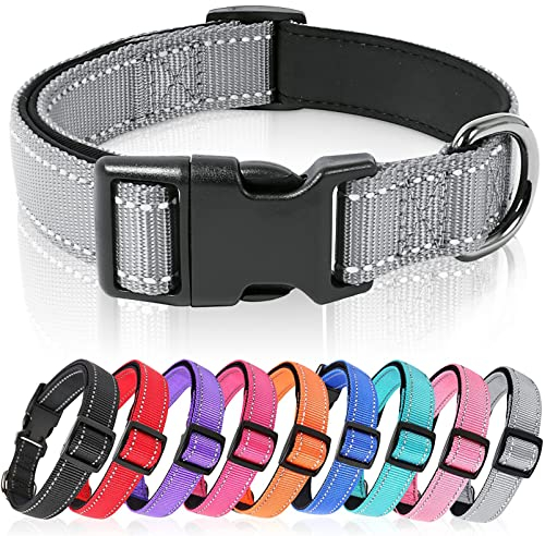 HEELE Hundehalsband, weich gepolstertes Neopren Nylon Hunde Halsband für kleine mittlere große Hunde und Welpen, verstellbare und reflektierende Halsband Hund für Training, Grau, M