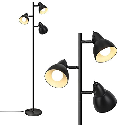 EDISHINE Industrial Floor Lamp, Standing Lamp with 3 Adjustable Rotating Lights, Black Floor Lamps for Living Room, Bedroom, Beside, Office, Sturdy Base, Standard E27 Base