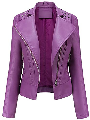 YFFUSHI Chaqueta de piel sintética para mujer, clásica, de poliuretano, para motociclista, corta y ajustada, Morado (, XXL