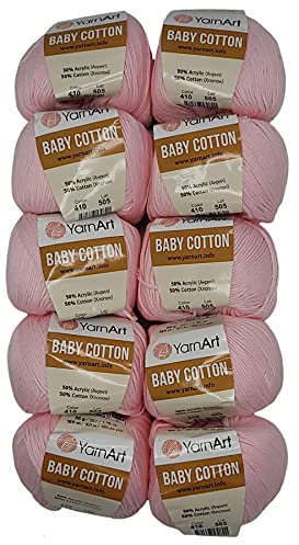 10 x 50g Strickwolle YarnArt Baby Cotton mit 50% Baumwolle, 500 Gramm Wolle einfarbig (rosa 410)