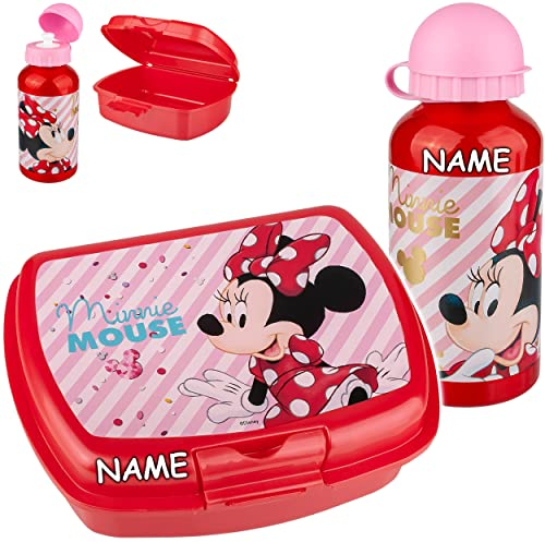 alles-meine.de GmbH Kinder Geschirr & Zubehör Verschiedene Artikel frei wählbar - Minnie Mouse - Set: Trinkflasche + Lunchbox/Brotdose - inkl. Name - BPA frei - Brotbüchse ..