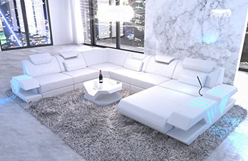 Wohnlandschaft Venedig XXL Sofa in Leder - mit LED Beleuchtung, verstellbare Kopfstützen, Recamiere/Lederfarben wählbar/Ausrichtung wählbar (Ottomane rechts, White)