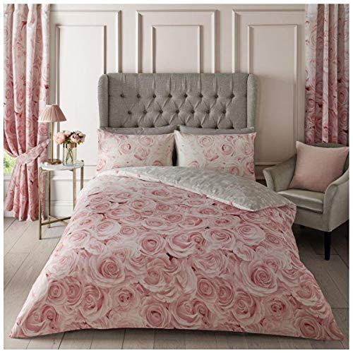 Rose Floral Easy Fit Duvet Cover Single Bed, Super Soft Vintage Flower Bedding, Reversible Quilt Sets, Pink