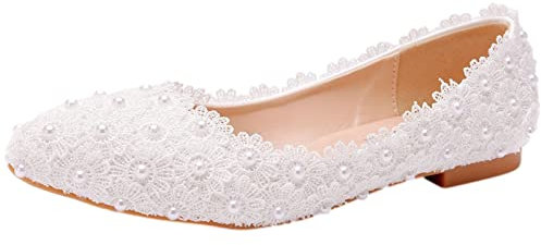 Jamron Donna Elegante Fiore Pizzo Perle Scarpe da Sposa Pumps Suola Morbida Ballerine a Punta Bianco SN070435 EU39.5