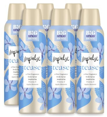 Impulse Tease Body Spray Deodorant 6 x 150 ml | Apple Blossom & Vanilla Fragrance, Fun Fruity Blend, All-Day Freshness