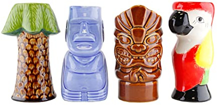 Tiki Mug Cocktail Glasses. Set of 4 Premium Ceramic Novelty Cocktail barware Including an Aztec Man Mug, Island Man Mug, Parrot Mug & Coconut Tree Mug Perfect for Any Cocktail Party.