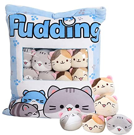 HXPLN Katze Plüsch Kissen, abnehmbare Spielzeug, Pudding , Tasche, niedliche Dekoration Geschenk für Jugendliche, Mädchen, Kinder (8 blau Kätzchen)