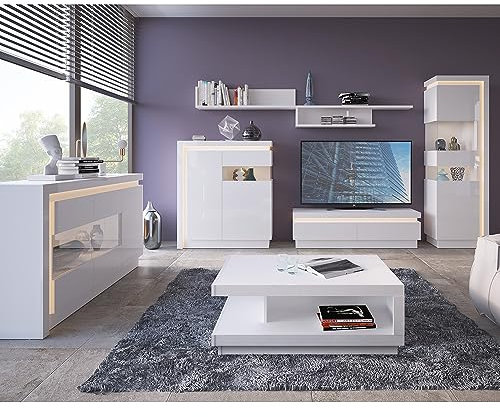 Lomadox Wohnzimmer komplett Set, 7-teilig, mit Beleuchtung in weiß Hochglanz (Sideboard, Highboard, Vitrine, TV Lowboard, Wandboards und Couchtisch)