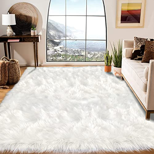 Latepis Fur Rug Fluffy Faux Sheepskin Washable Rug for Baby Room Nursery Living Room Bedroom Home Decor 72 x 96 Inch White