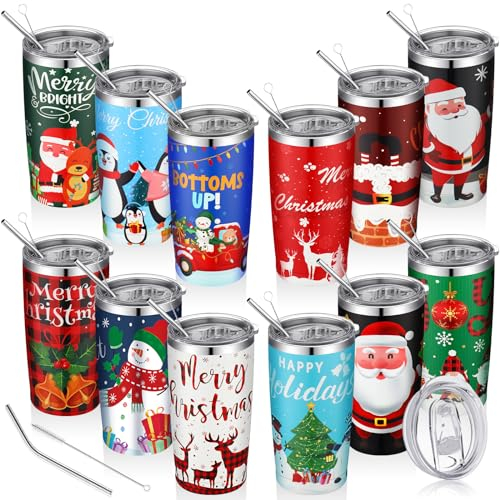 Lemosae 12 Stück Weihnachtsbecher Geschenke 590 ml Weihnachten Reise Becher Urlaub Edelstahl Isolierte Becher Kaffeetasse mit Deckel Strohhalm für Weihnachten Geburtstag Geschenk Party Supplies