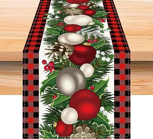 Tischläufer Weihnachten, Rot Schwarz Plaid mit Beere Girlande Weihnachten Tischdecken,Weihnachtsdeko Tisch, Winter Weihnachten Holiday Tischdecken,33x183CM