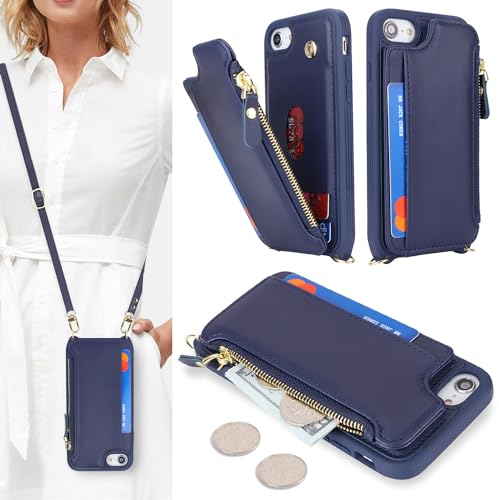 SailorTech Coque pour iPhone 7 Plus Étui avec Porte-Cartes de crédit, Etui pour iPhone 8 Plus Housse avec Courroie de Cou Portefeuille avec Fentes pour Cartes de crédit-Bleu