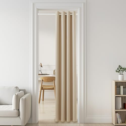 PONY DANCE Vorhang Tür ohne Bohren Türvorhang mit Teleskopstange (Vorhang Biscotti Beige + Stange Weiß) Ösenschal Blickdichte Gardine Hitzeschutz H 200 x B 150 cm, Stange 45-130 cm
