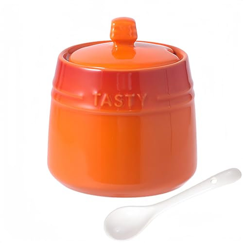 Dowbom Salt Pot, Solid Color Porcelain Sugar Pot, For Coffee Bar, Sugar Bowl With Lid And Spoon (Orange,10 OZ)