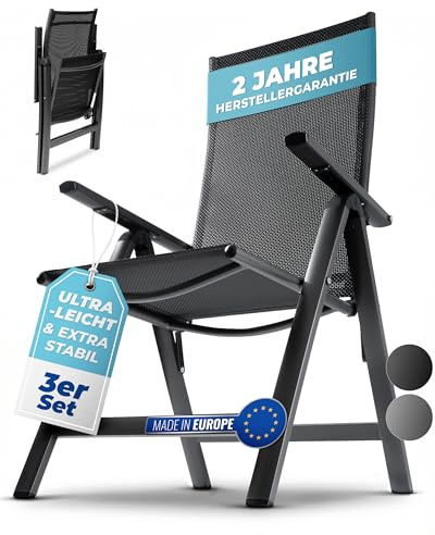 gardisun Hochlehner Gartenstuhl klappbar aus Aluminium, 3er Set, Anthrazit | 2-Fach pulverbeschichtet, wetterfest, leicht, 5-Fach verstellbar, Made in EU