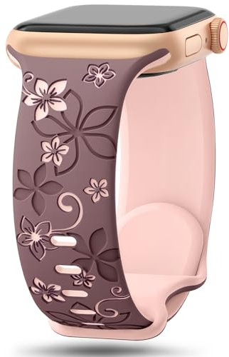 Floral Engraved Straps Compatible with Apple Watch Straps 41mm 40mm 38mm 42mm(Series 10) for Women,Cute Flower Bands Soft Silicone Sport Strap for iWatch Series 10 9 8 7 6 5 4 3 2 1 SE