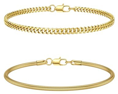 CASSIECA 2Pcs Silberarmband Herren Edelstahl Armband Herren Armband Herren Gold Stackable Kette Armband Kubanische Schlange Herren Jungen Gold Schmuck Herren 19CM Geschenke für Papa Ehemann Sohn