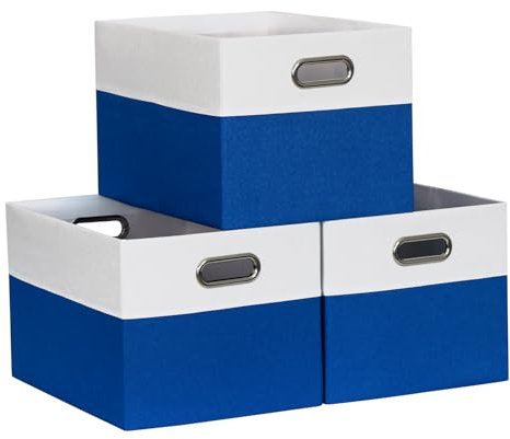 BinWhiz 3 Pack Clothing Storage Bins, Rectangle Large Storage Baskets with Metal Handle, Collapsible Storage Organiser Bins, Fabric Storage Bins for Shelf, Closet, Office 38x28x24 cm (White & Blue)
