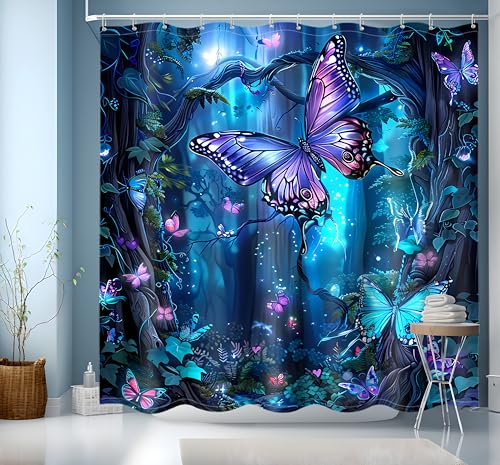 JINGYOU Rideau Douche Bleu,Rideau de Douche 200x200,Rideau Baignoire Rideau de Douche Lavable en Machine,Rideau Salle de Bain avec œillets et 12 Anneaux, Rideau Douche 200x200,Modèle Papillon