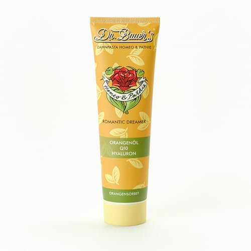 Dr. Bauer's Homeo & Pathie Zahnpasta Romantic Dreamer – Vegane Zahncreme ohne Menthol & SLS, Zahnpasta mit Hyaluron, Q10 & Vitamin B12 – Natürliche Zahnpflege mit Orangengeschmack (90ml)