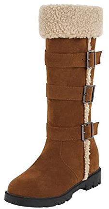 Stivali al ginocchio da donna, alla moda, tinta unita, in pelle scamosciata, con fibbia, stivali lunghi in peluche, caldi e spessi, in cotone, stivali al ginocchio, Marrone, 40 EU