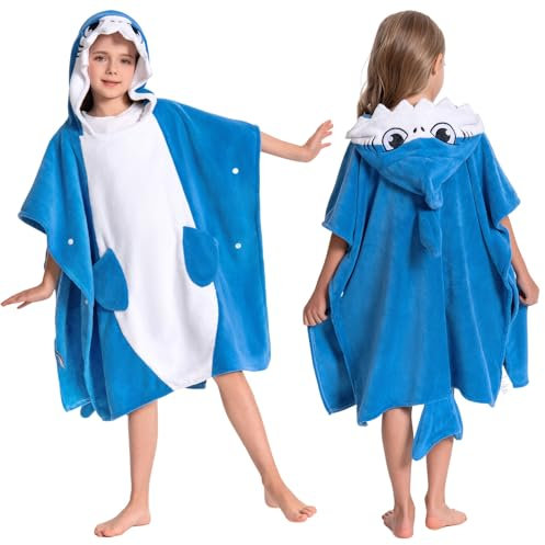OLAOLA Poncho de Baño con Capucha para Niños, Toalla de Playa Microfibra Suave Toallas de Baño Absorbentes, Poncho de Natación para Niños y Niñas de 3 a 12 Años, Tiburón Azul