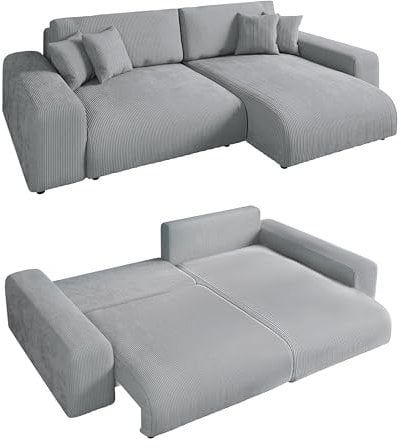 Modernes Cord Ecksofa B255/H165/T84 cm mit Schlaffunktion und Bettkasten, Wellenunterfederung, L-Couch links oder rechts montierbar, Liegefläche 148x196 cm, Cord-Bezug in Hell-Grau / 21007