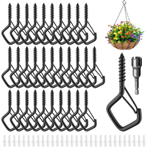mizikuu Piton à Visser Noir, 32 Pièces Crochet à Visser Taraudeuse Crochet de Plafond Avec Boucle de Sécurité Vis à Oeillet pour Extérieur Jardin Plantes Mangeoires à Oiseaux Lanternes
