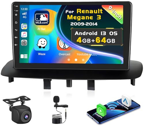 Inefala Upgrade 4G+64G 9 Inch Touchscreen Car Radio para Renault Megane 3 2009-2014, Radio con Wireless CarPlay y Android Auto GPS WiFi BT RDS FM USB SWC Mic Cámara de visión Trasera