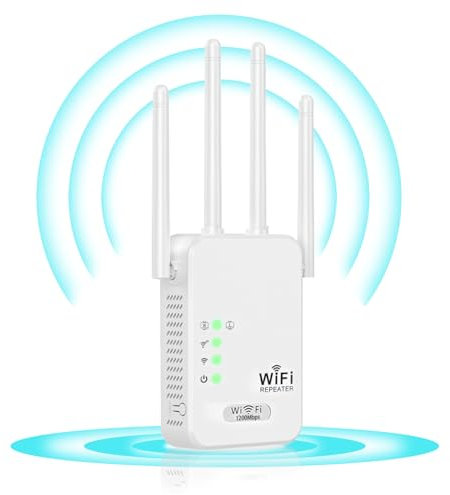 Amplificador WiFi 1200Mbps, Extensor WiFi de Doble Frecuencia 5ghz y 2,4ghz, Repetidor WiFi con 4 Antenas, Intensificador WiFi WPS Botón, Fácil Configuración,Compatibles (Blanco lechoso)