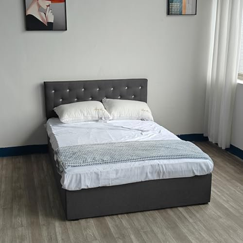 Panana Upholstered Ottoman Double (4ft6) Grey Linen Fabric Storage Bed, Gas Lift Up Bed Frame with Storage, End Opening Wooden Slats (Grey with Crystal Headboard, Double)