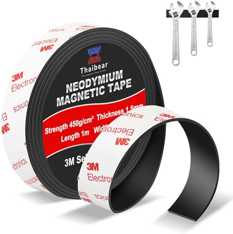 Thaibear Neodymium Magnetic Tape Self Adhesive, Extra Strong Flexible Magnet Strips Roll (15mm x 1m x 1.5mm) with 3M Adhesive Backing, Magnetic Strips Heavy Duty Perfect for Wall, DIY, Art