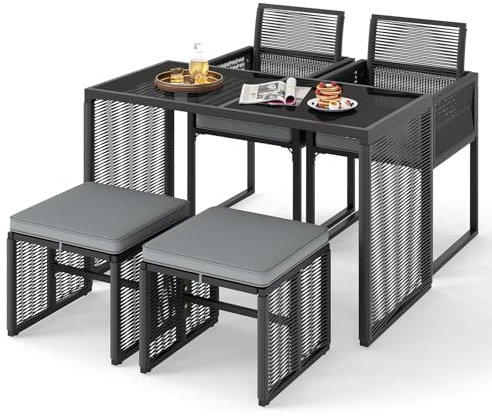 GIANTEX Rattan Gartenmöbel Set, Balkonmöbel Kleiner Balkon, Balkonmöbel Set 2 Stühle mit Hocker, Terrassenmöbel Outdoor Sitzgruppe, Balkonset 4 Personen, Balkon Möbel klein Platzsparend, inkl. Kissen
