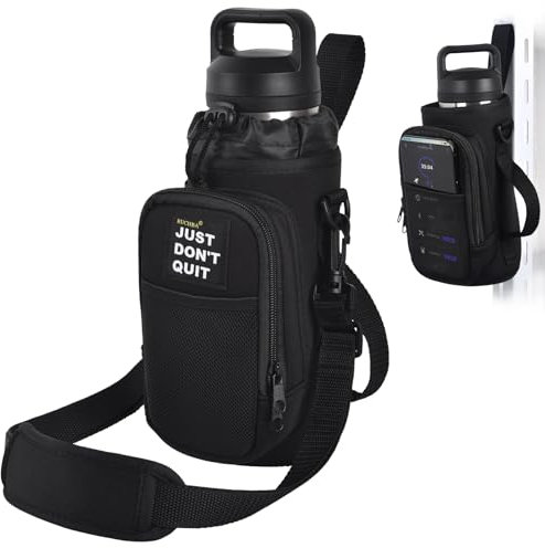 RUCHBA Magnetic Water Bottle Holder with Phone Pocket for 24 32 40oz Cup, 5 Magnets Water Bottle Holder with Adjustable Shoulder Hand Strap Crossbody for Gym Hiking Travelling Camping