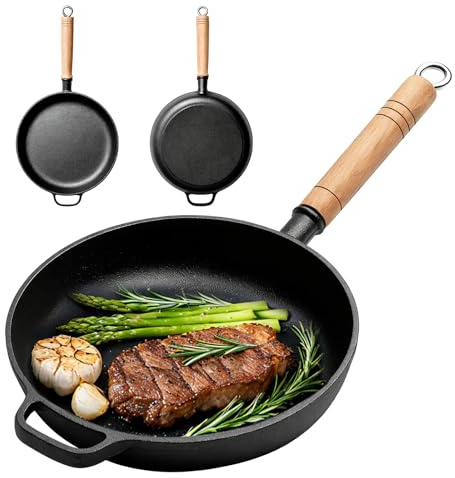 ALKNOT Gusseisen pfanne 27cm, Pfanne Gusseisen Ohne Beschichtung, Bratpfanne Grillpfanne: Ohne Beschichtung Induktion Pfanne Griff aus Massivholz Lange Lebensdauer Für Alle Herdarten Geeignet