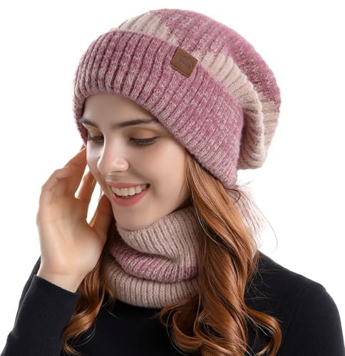 Sahunfri Ensemble bonnet et écharpe pour femme – Bonnet souple et écharpe d'hiver pour femme, parfait pour temps froid, tricot acrylique doux, confortable et élégant, cadeau pour femme