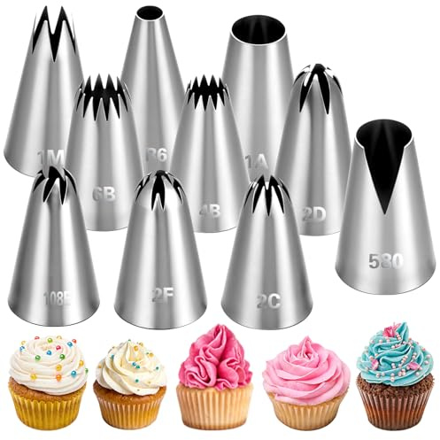 LXUEJIE 10 Stück Edelstahl Spritztüllen Große, Wiederverwendbar Spritztüllen Set Groß Tüllen für Spritzbeutel, Kuchen Spritztüllens Kuchendekorationszubehör für Cupcakes Backen DIY Geburtstagskuchen
