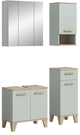 xonox.home – 4 TLG. Badkombination Star 109x190x34 cm in Hellgrün und Eiche hell Nachbildung – Stilvolle Komplett-Lösung mit viel Stauraum – Perfekt für das Familienbad