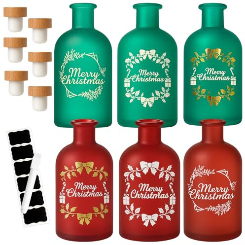 gouveo 6er Set Glasflaschen rund 250 ml (0,25 l) Weihnachtsflasche 250 ml Glasflasche mit Holzgriff, rot & grün satiniert, Merry Christmas Direktdruck, zum Befüllen & Dekorieren (AFRGR250XMIX)