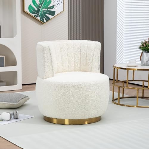 DRIXNO Drehbarer Design Stuhl, 360-Grad-Drehstuhl, runder Drehstuhl, Sessel modern für Wohnzimmer, weiches Teddy-Samt-Finish, Eimerstuhl, geeignet für Schlafzimmer, Schminktisch, Arbeitszimmer, Weiß