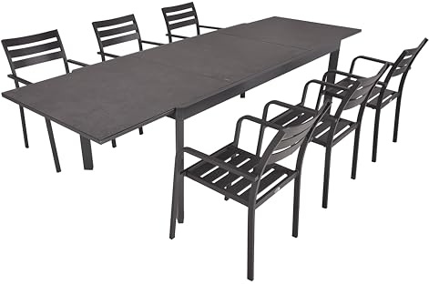 DELUKE Garten-Sitzgruppe Egon 7-TLG. - Kunststoff, Grau | Gartenmöbel-Set Gartengarnitur Garten-Essgruppe mit Stapelstühlen und Esstisch ausziehbar