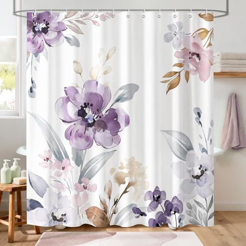 Hopomoon Tenda Doccia Floreale ad Acquerello 180x180 cm – Tenda Bagno con Motivo Botanico Viola, in Poliestere Impermeabile e Lavabile, Include 12 Ganci
