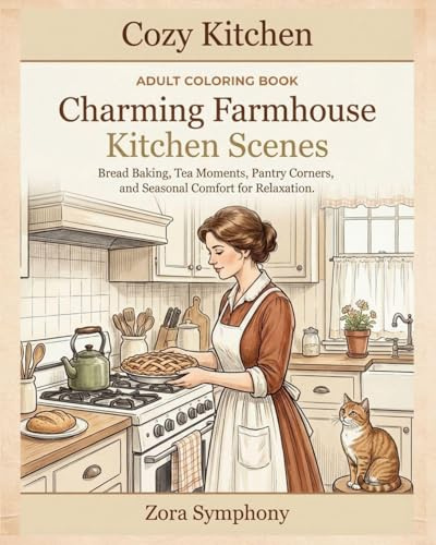 Cozy Kitchen: Adult Coloring Book Featuring Charming Farmhouse Kitchen Scenes, Bread Baking, Tea Moments, Pantry Corners, and Seasonal Comfort for Relaxation