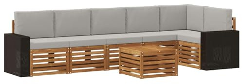 vidaXL Ecksofa Set 7 pcs Natürlich und Hellgrau Massivholz Akazie, Garten Lounge, Moderne Outdoor-Sofa Sets, modulare Sofas, Essbereich, Holz Sitzgruppe, Terrasse Ideen