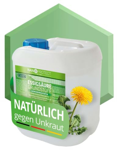 Nanoprotect 5L Unkrautvernichter Grundstoff Essig - Biologisch abbaubar | Natürlicher Unkraut-Stopp für Wege, Pflaster, Hof | Essigreiniger Acetum | Essigsäure | Vinegar E 260 Lebensmittelqualität