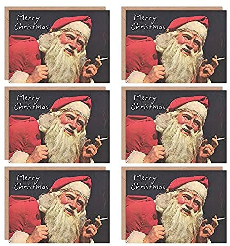 Wee Blue Coo Christmas Cards x6 Funny Santa Smoking Merry Christmas Set Xmas